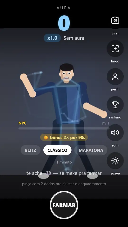 Tela inicial com o botão FARMAR e a escolha de modo