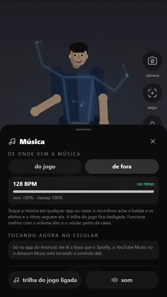 Painel de música do app mostrando 128 BPM e o aviso no ritmo