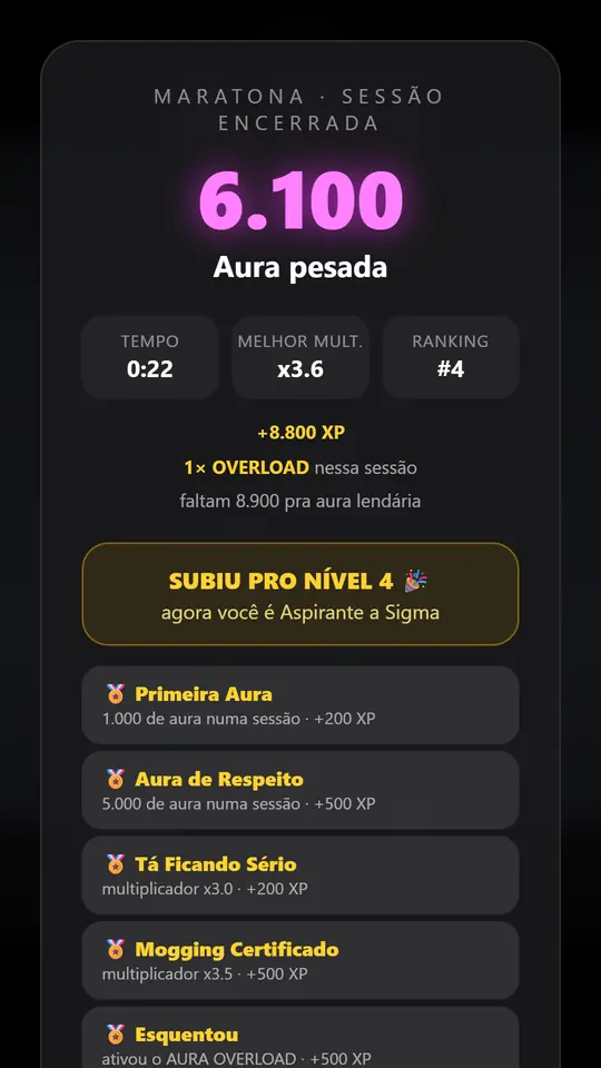 Resumo da sessão com pontuação, XP ganho e provas desbloqueadas