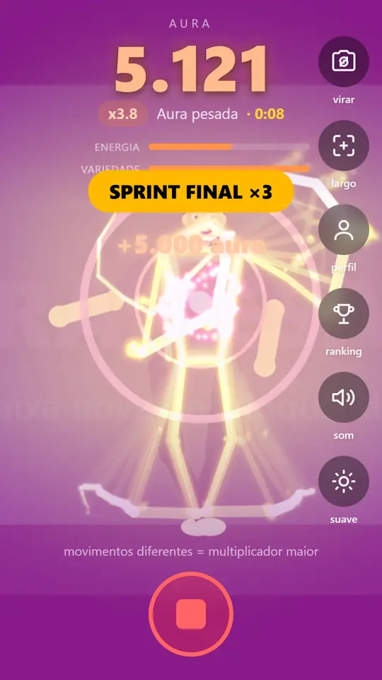 Tela do jogo em magenta com o aviso SPRINT FINAL ×3 e a pontuação em 5.121